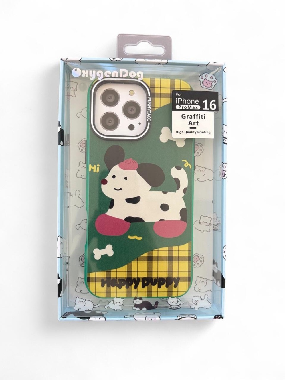 Green 'Happy Puppy' Dog Graphic iPhone 16 Pro Max Case